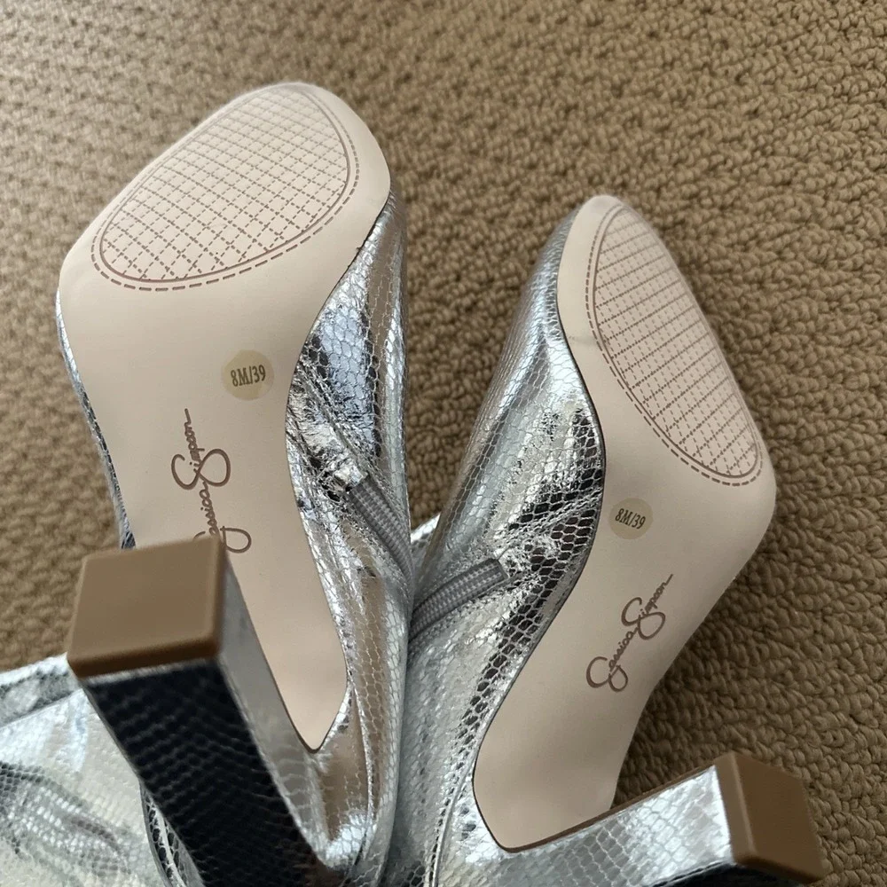 NWT Jessica Simpson Minerva Silver Snake Print Knee High Zip Bootie Sz 8